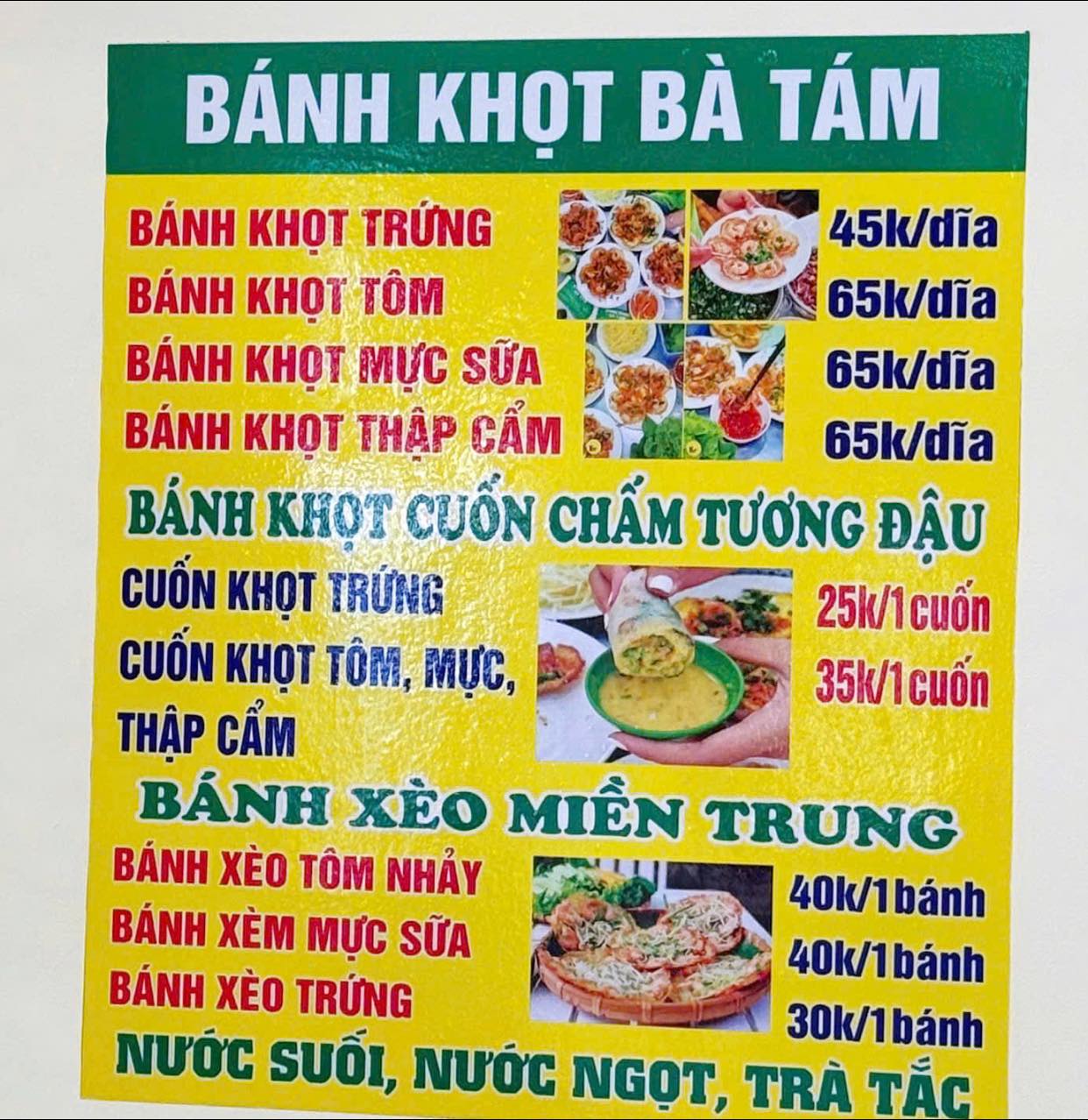bảng giá bánh khọt bà tám - quán bánh khọt ngon hoàng hoa thám